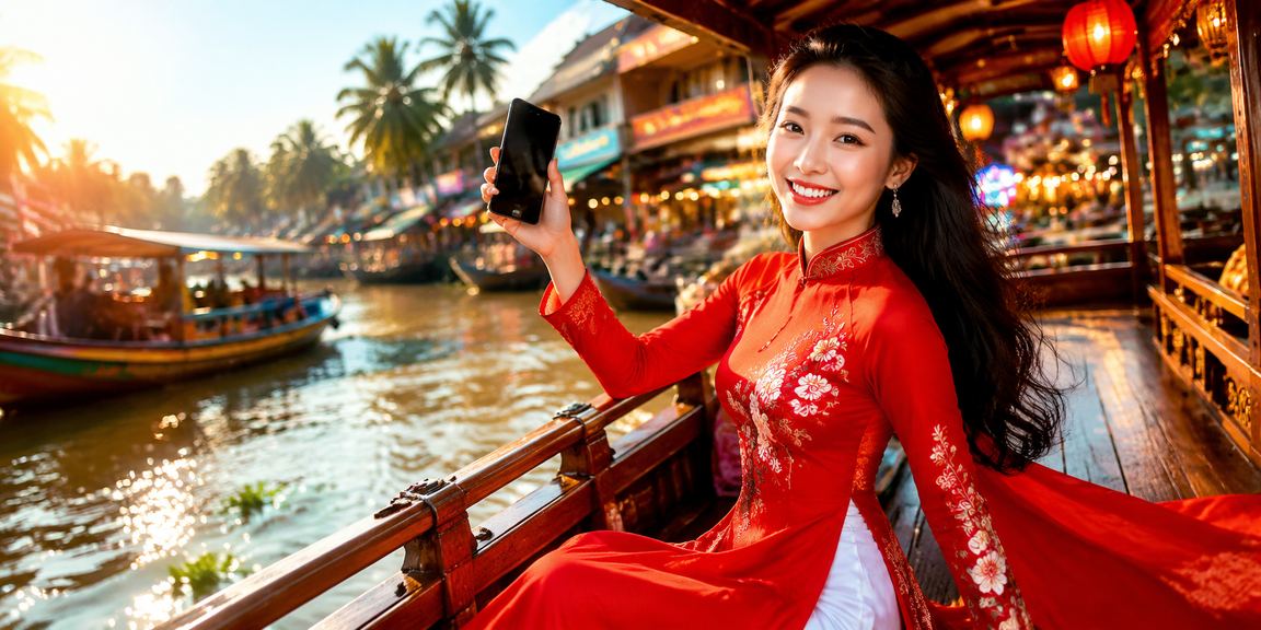 Người dùng vùng Mekong tham gia xổ số và cá cược trực tuyến qua điện thoại với trang phục áo dài